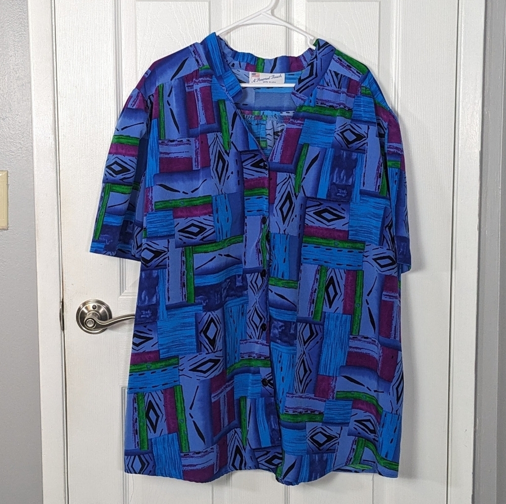 Vintage 90s A Personal Touch Funky Geometric Short Sleeve Button Down Size 4X